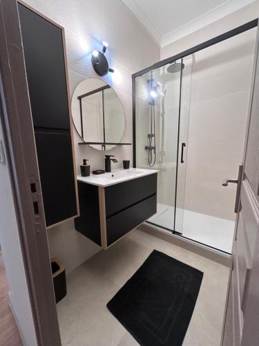 une salle de bain avec un lavabo et un miroir dans l'établissement Appartement chaleureux en centre ville, à Nîmes