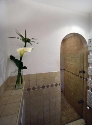 La salle de bains est pourvue d'une douche avec une fleur dans un vase. dans l'établissement Hübsches Haus direkt am Wasser, St. Tropez 15 Min!, à Grimaud