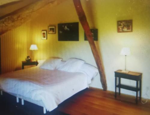 a bedroom with a white bed and two night stands at Grande ferme restaurée 18ème siècle à deux pas de Condom et Nérac Tennis Piscine in Francescas