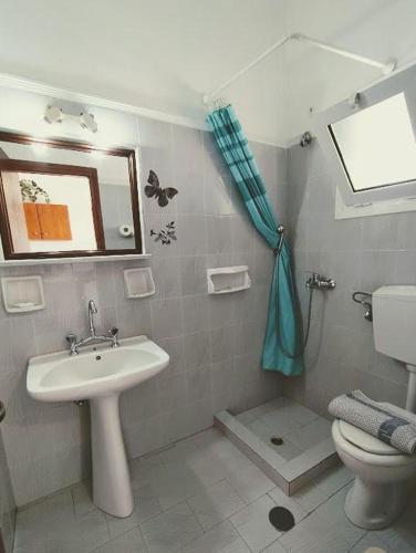 un bagno con lavandino, WC e specchio di Katerinas Private Apartments a Kalamákion