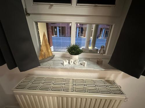 a room with a window with a radiator and a plant at Terrassenwohnung City an der Kleinen Weser in Bremen