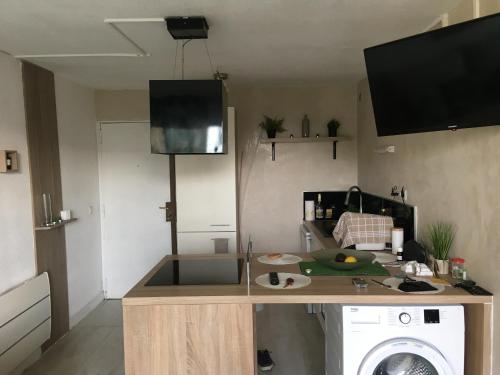 - une cuisine avec un comptoir et un lave-linge dans l'établissement Les pieds dans l'eau, au Grau-du-Roi
