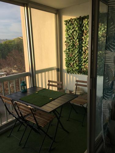 d'une table et de chaises sur un balcon avec un mur vert. dans l'établissement Les pieds dans l'eau, au Grau-du-Roi