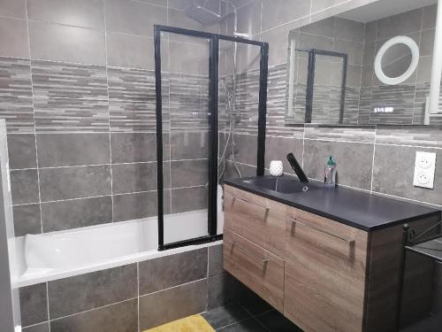 une salle de bain avec un lavabo, une douche et une baignoire dans l'établissement Chez Lydie, à Tournon-sur-Rhône