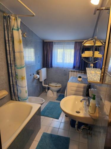 a bathroom with a tub and a sink and a toilet at Apartment Frador in Portorož