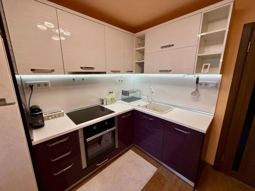 a small kitchen with a sink and a stove at Two-Bedroom Apartment in the Heart of Burgas, Bogoridi Street in Burgas City