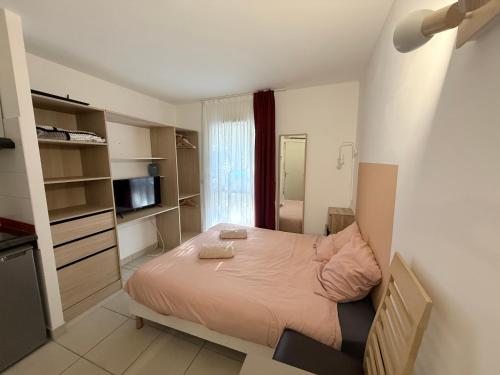 ein kleines Schlafzimmer mit einem Bett und einem Fernseher in der Unterkunft Le Clos d'Aix Célony studio 9 parking in Aix-en-Provence