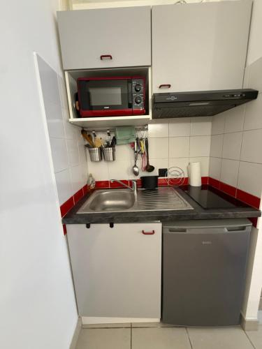 une petite cuisine avec un évier et un micro-ondes dans l'établissement Le clos d'Aix Célony studio 9 parking et piscine Clim, à Aix-en-Provence