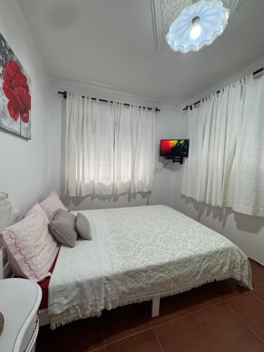 a bedroom with a bed and a television in it at House Mariona in Caminha