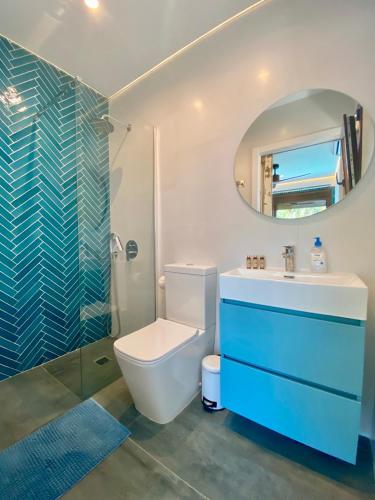a bathroom with a toilet and a sink and a mirror at Novoecosuites, descansa en el lugar de tus sueños in Chiclana de la Frontera
