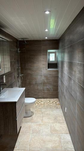 une salle de bain avec toilettes et lavabo dans l'établissement La Tour du Sorbey - Gîte Nature Familial - Piscine - 3 à 6 Pax, à Monségur