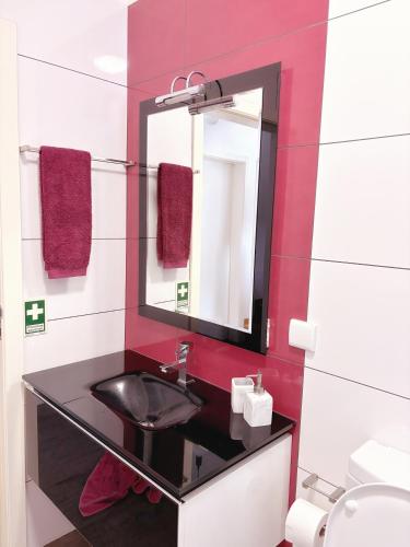 a bathroom with a sink and a mirror at Angela`s Loft in Ribeira Brava