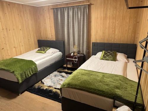 a bedroom with two beds and a window at Bellevue Apartment in Krattigen