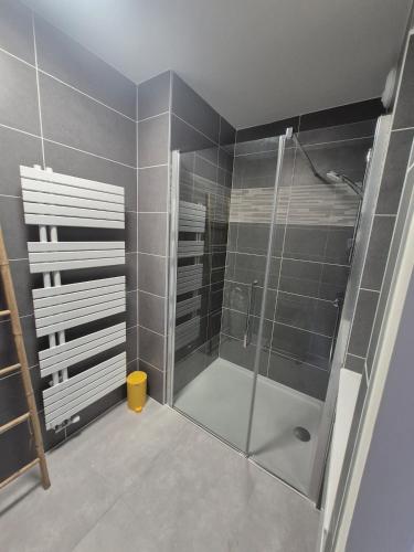 une douche avec une porte vitrée dans une salle de bain dans l'établissement Frida, Terrasse exposée plein sud, Wifi, Parking double,, à La Rochelle
