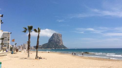 a beach with palm trees and a rock in the ocean at Casa Gallinera in Benissiva