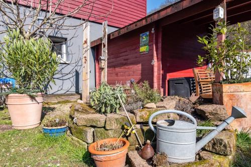a garden with potted plants in front of a house at Winzercafé Neipperg in Brackenheim