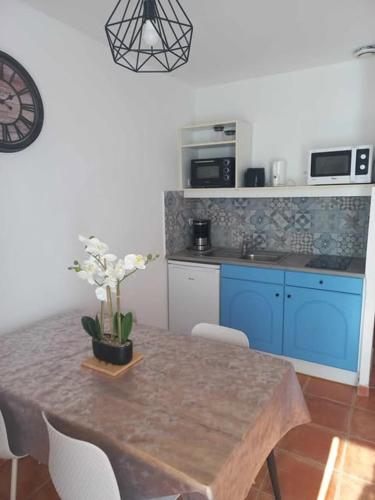 une cuisine avec une table et des armoires bleues dans l'établissement 40 - Mazet de Provence dans village de vacances, à Gaujac
