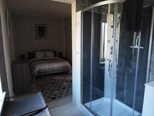 Il comprend une chambre et une salle de bains pourvue d'une douche en verre. dans l'établissement L'Appart - Les charmes, à Montceau-les-Mines