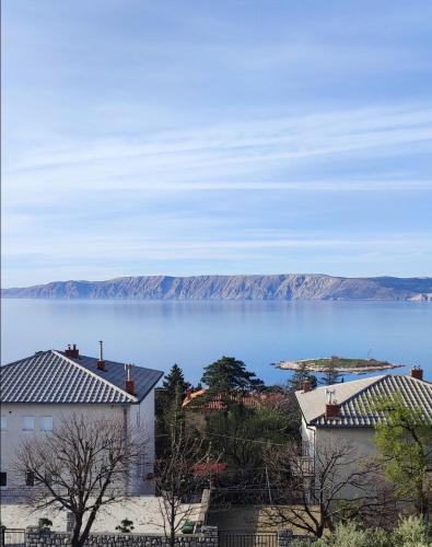 a view of a large body of water with houses at Biuk Apartments in Novi Vinodolski