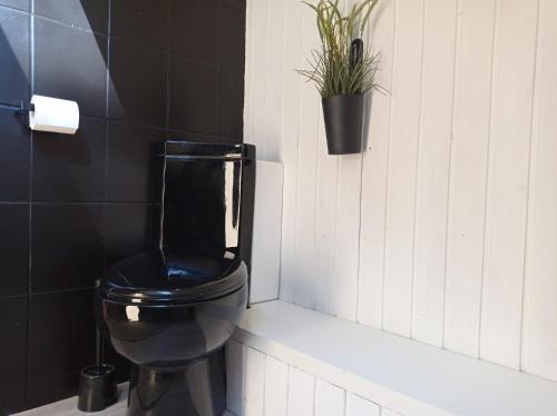 a bathroom with a black toilet and a plant on the wall at Wald und Wohlsein in Beelitz