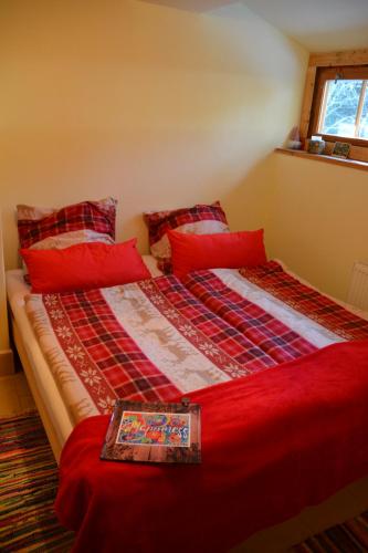 a bed with red pillows and a red blanket at Alm-House HOLLMANN in Železná Ruda