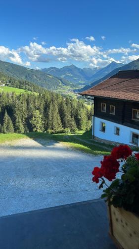 a house with a view of a lake and mountains at Bauernhütte Niedermaisgut in Eben im Pongau