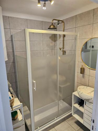 une douche avec une porte vitrée dans une salle de bain dans l'établissement Appartement confortable à Marseille avec terrasse 70 m², à Marseille