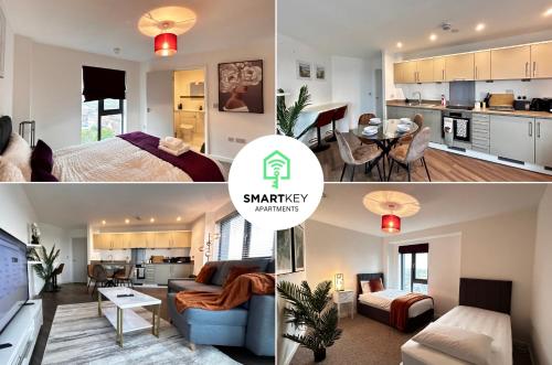 a collage of photos of a bedroom and a living room at Executive 2 Bed 2 Bath Central Woking Flat with Free Parking in Horsell