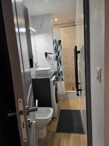 une salle de bain avec toilettes, lavabo et douche dans l'établissement Hamdan Suite, à Reims