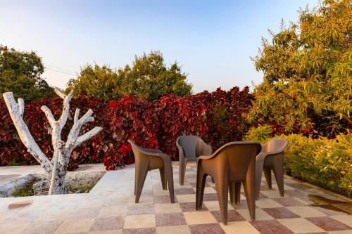 a group of chairs sitting at a table in a garden at AamraKunj Gir Resort in Sasan Gir