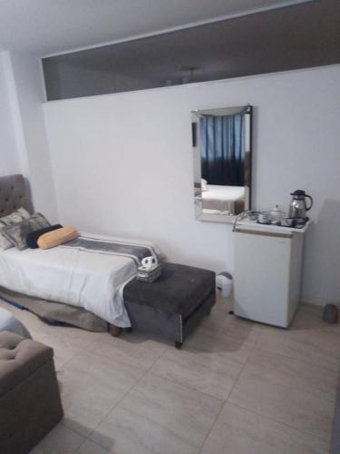 a bedroom with a bed and a mirror on the wall at YouHouse Paraná in Buenos Aires