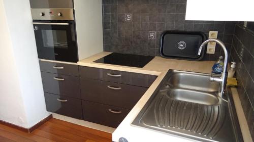 une petite cuisine avec un évier et un micro-ondes dans l'établissement Appartement T3-4 meublé Toulouse Soupetard, à Toulouse