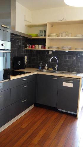 une cuisine avec un évier et un plan de travail dans l'établissement Appartement T3-4 meublé Toulouse Soupetard, à Toulouse