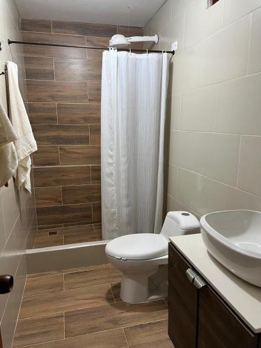 a bathroom with a toilet and a shower and a sink at Casa campestre Villa Transito in San Agustín