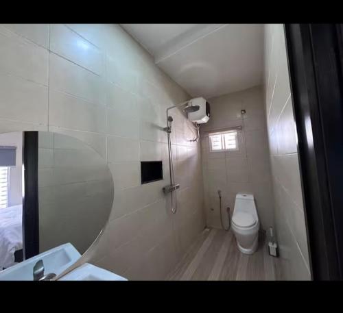 a white bathroom with a shower and a toilet at kaduna service apartment in Kaduna