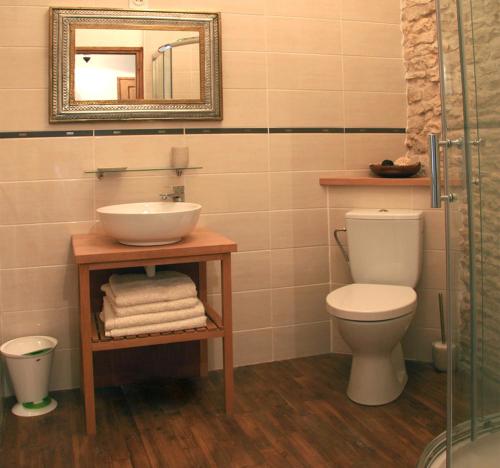 a bathroom with a sink and a toilet and a mirror at La Greletterie in Champagné-le-Sec