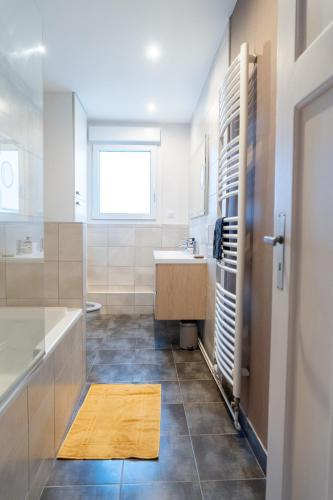 une salle de bain avec un lavabo et un miroir dans l'établissement BEL AMI 03 Strasbourg, à Schiltigheim