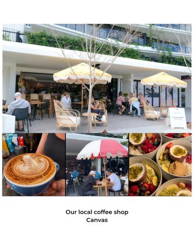a collage of pictures of a cafe and food at Newly Renovated, walk to beach, jump in pool in Gold Coast