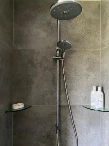 a shower in a bathroom with two glass shelves at Lotus House in Buckland