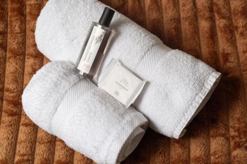 - une paire de serviettes avec une bouteille de savon dans l'établissement Appartement cosy proche de Paris, à Asnières-sur-Seine
