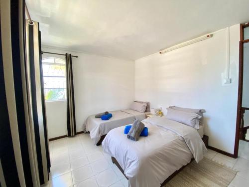 two beds in a room with white walls at Cosy Escape in Flic-en-Flac