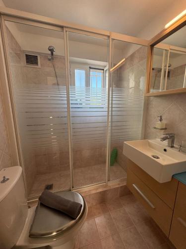 a bathroom with a shower and a toilet and a sink at HalCyon-On the blue in Nea Makri
