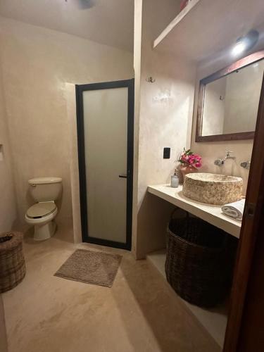 a bathroom with a sink and a toilet and a mirror at Casa Sílice Guesthouse in Valladolid