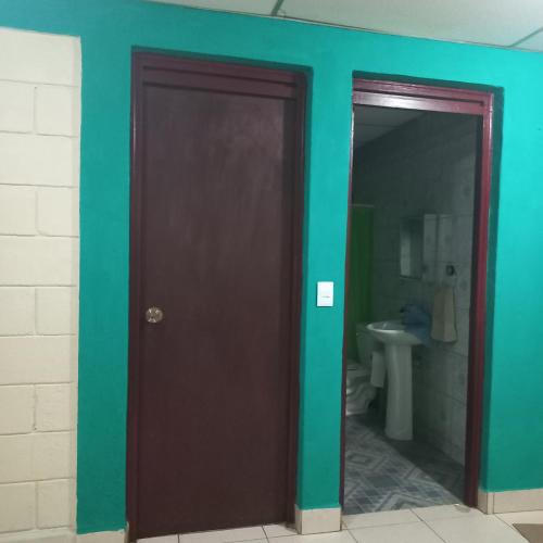 a bathroom with a brown door and a green wall at Casa MONTOCO 114 in Managua
