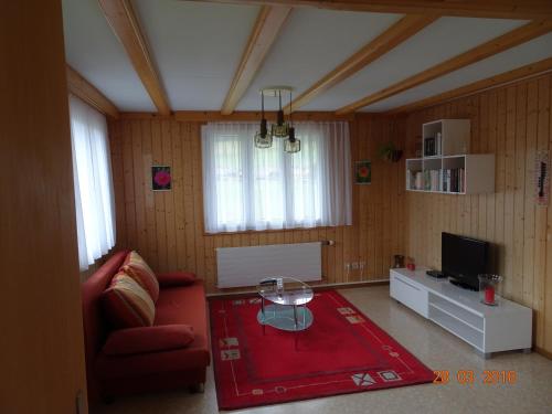 een woonkamer met een rode bank en een tv bij Neumühleweg 19 in Lauperswil