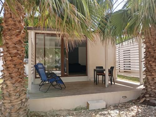a patio with chairs and a table and a palm tree at Oasi Relax in Rodi Garganico
