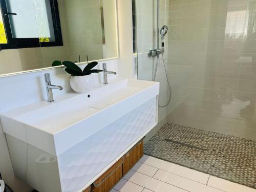 une salle de bain avec un lavabo blanc et une douche dans l'établissement Villa Poujeau - Piscine chauffée, à Le Pian-Médoc