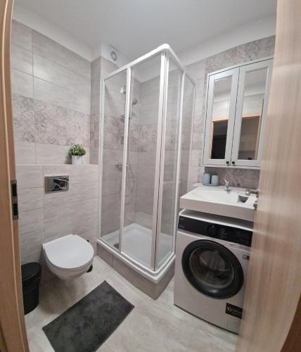 a bathroom with a shower and a washing machine at Vita apartment in Vilnius