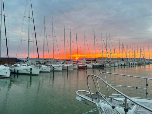 a group of boats docked at a marina at sunset at BL Residence Balatonlelle in Balatonlelle