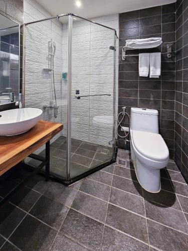 a bathroom with a shower and a toilet and a sink at CHECK inn Yilan LuoDong in Luodong